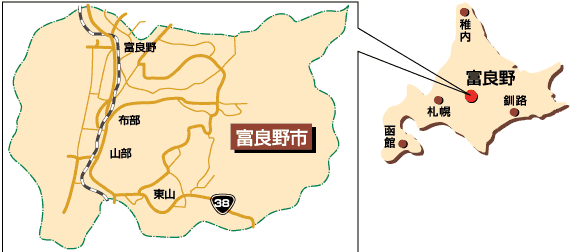 富良野市の位置を示す地図