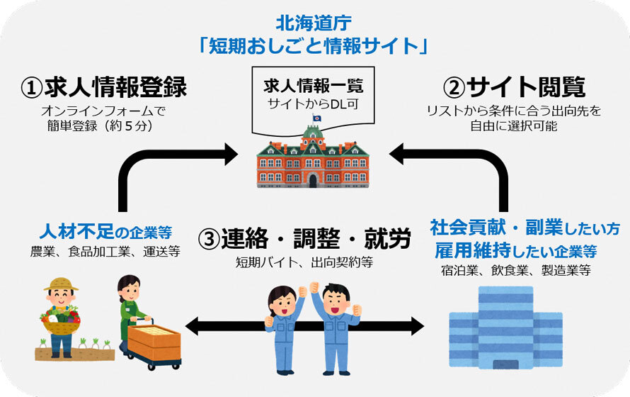 北海道庁「短期おしごと情報サイト」求人登録から就労までのフロー図画像